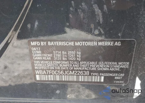 2018 BMW 750I из США, поврежденный, VIN WBA7F0C56JGM22638